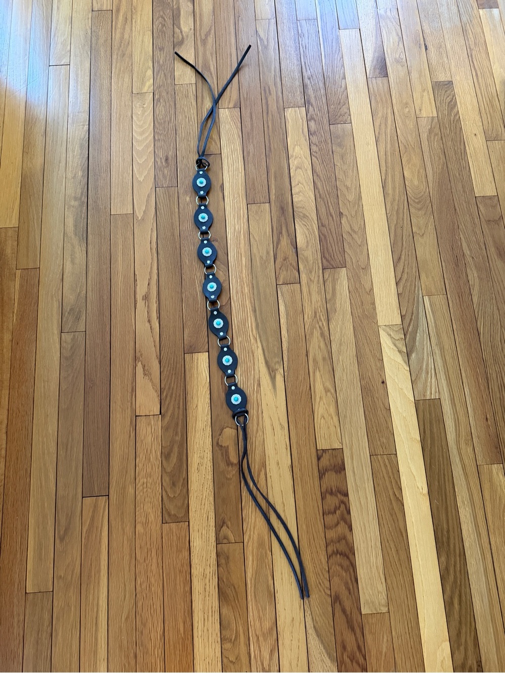 Women's Brown Leather Tie Belt with Turquoise Accents